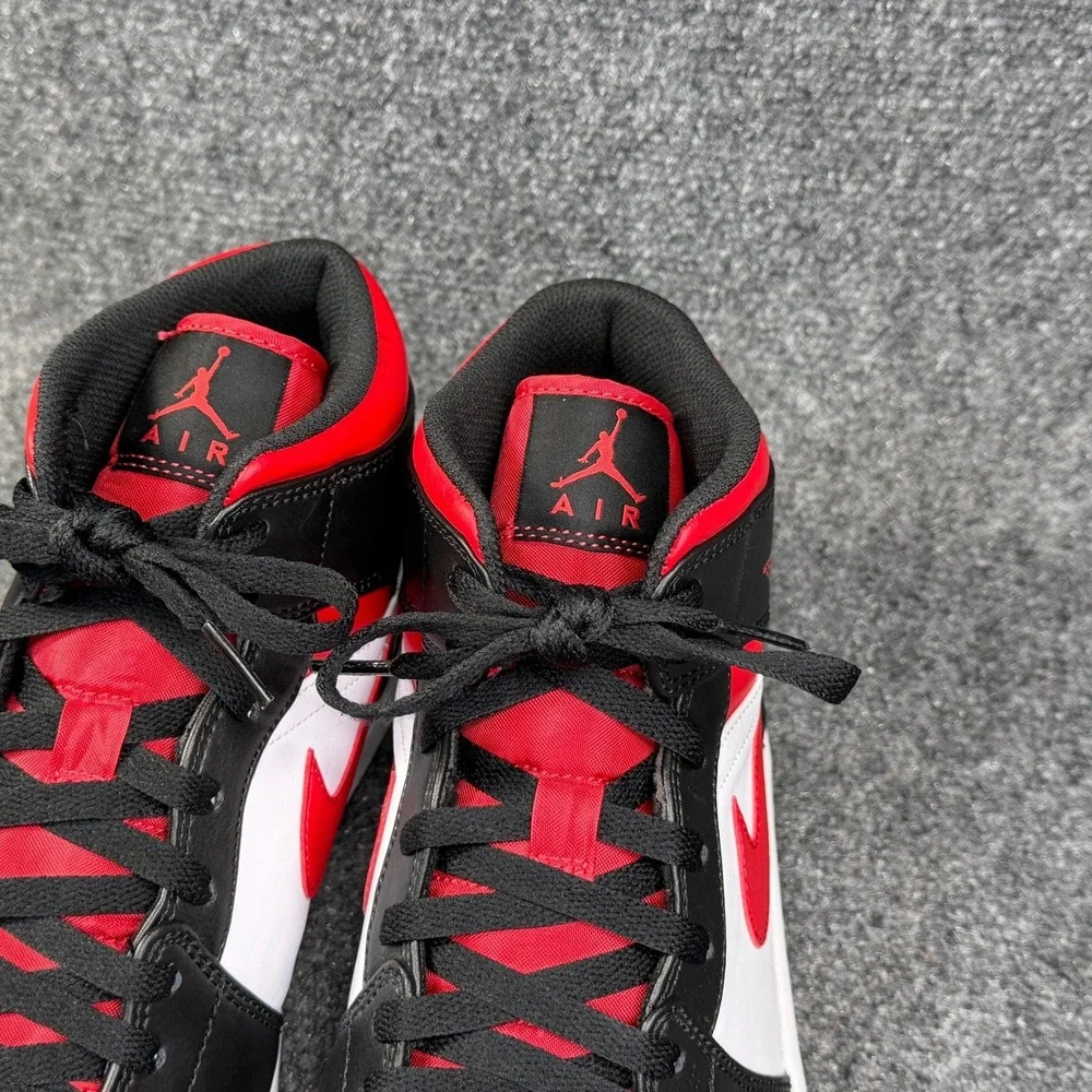 Jordan 1 Mid Basketball Shoes Men's 12 White Black Red Retro Athletic Sneakers